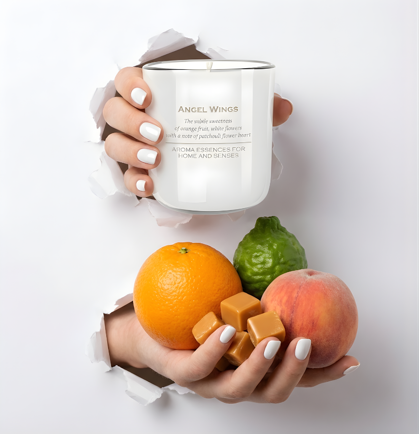 Hochwertige Duftkerze Angel Wings in cleanem Weiß im Torn-Paper-Look. Hände präsentieren die Kerze zusammen mit einer frischen Orange, einem Pfirsich, einer Bergamotte und weichen Karamell-Cubes durch weißes, gerissenes Papier – Best Bougie sanfter Premium Raumduft.