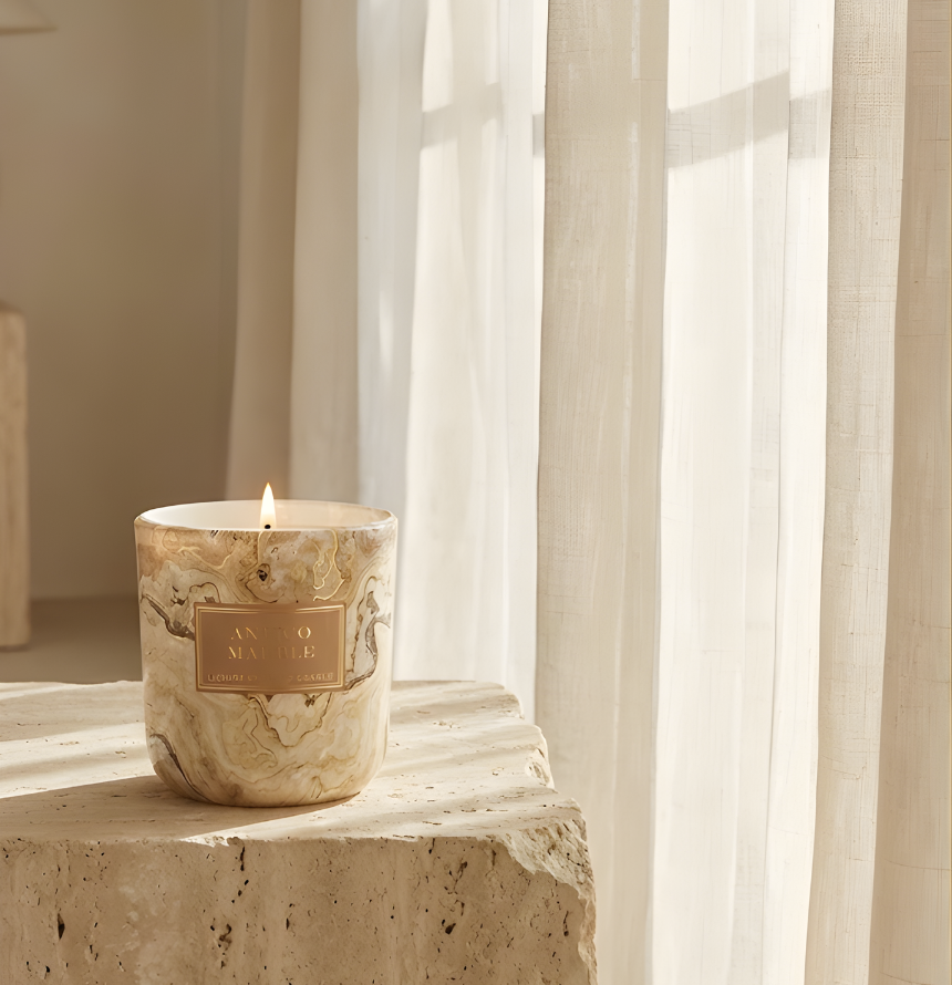 Hochwertige Duftkerze Antico Marble im Marmor-Design, platziert auf einem Naturstein-Sockel im hellen Sonnenlicht vor Leodervorhängen – Best Bougie Premium Raumduft