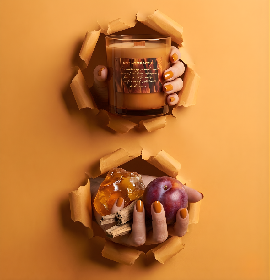 Hochwertige Anti-Tobacco Duftkerze im Torn-Paper-Look. Hände präsentieren die Kerze zusammen mit einer reifen Pflaume, Ambra-Harz und Zedernholz-Stücken durch orangefarbenes, gerissenes Papier – Best Bougie effektive Geruchsneutralisierung.