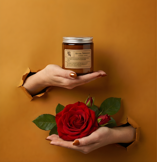 Hochwertige Aroma Sensation Duftkerze im Braunglas mit silbernem Deckel. Hände präsentieren die Kerze zusammen mit einer prachtvollen roten Rose und frischen Rosenknospen im Torn-Paper-Look durch ockerfarbenes Papier – Best Bougie floraler Premium Wohnduft.