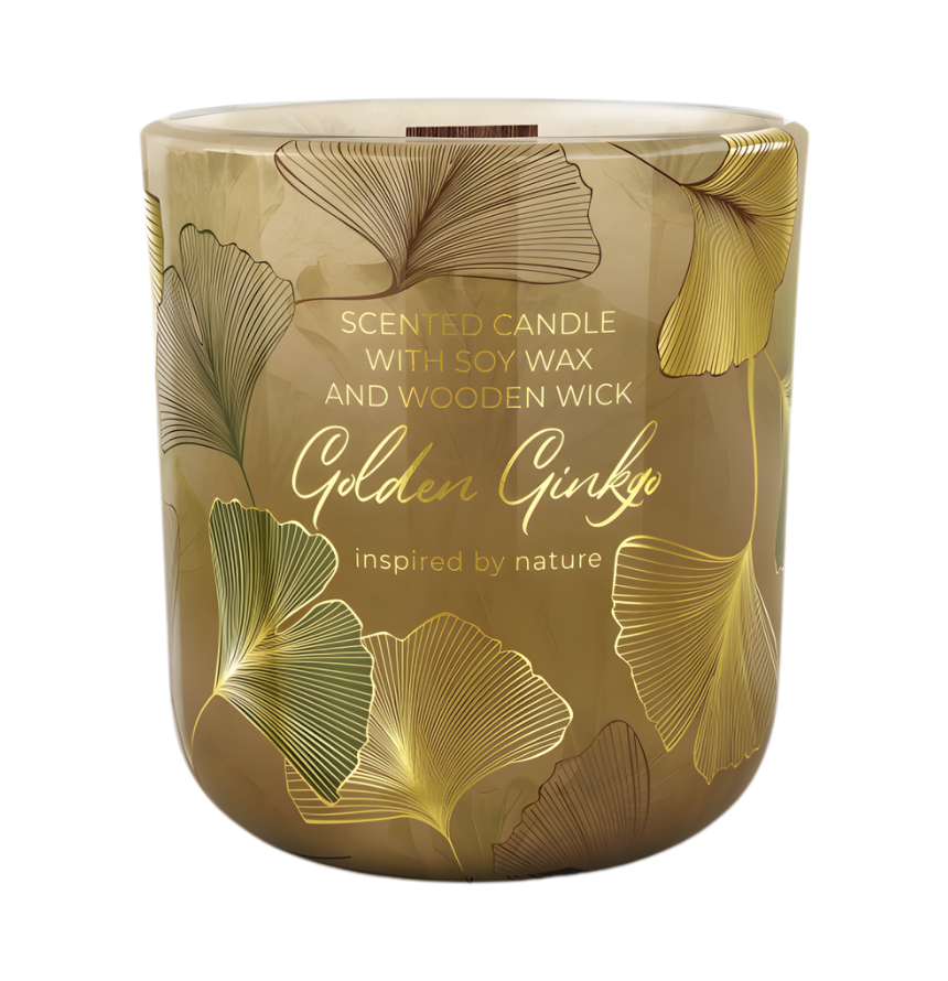 Exklusive hochwertige Duftkerze Golden Ginkgo mit goldenem Blatt-Dekor – Best Bougie Luxus