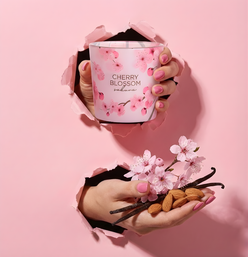 Florale Cherry Blossom Sakura Duftkerze im Torn-Paper-Look. Hände präsentieren die Kerze zusammen mit frischen Kirschblüten, Vanilleschoten und Mandeln durch pinkfarbenes, gerissenes Papier – Best Bougie frühlingshafter Raumduft.