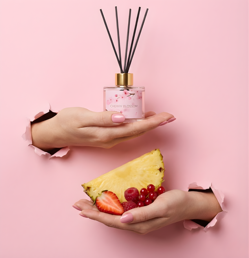 Eleganter Cherry Blossom Raumduft-Diffuser mit schwarzen Stäbchen im Torn-Paper-Look. Hände präsentieren den Glasflakon zusammen mit einer frischen Ananasscheibe, einer halben Erdbeere, Himbeeren und roten Johannisbeeren durch pinkfarbenes, gerissenes Papier – Best Bougie fruchtiges Dufterlebnis.