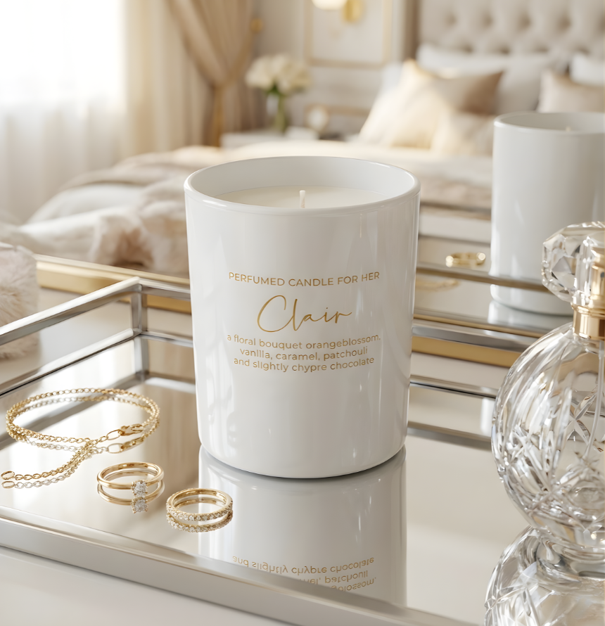 Luxuriöse weiße Duftkerze Clair für Frauen auf einem Spiegel-Tablett neben feinem Goldschmuck und Parfum in einem eleganten Schlafzimmer – Best Bougie Geschenkidee für sie
