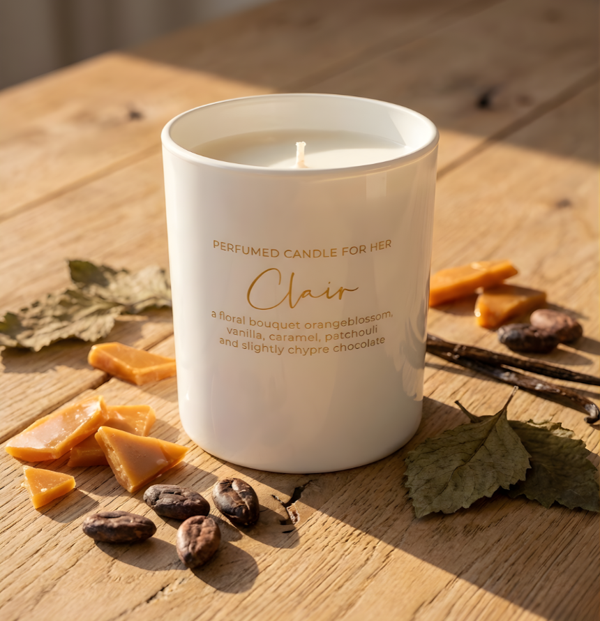 Hochwertige weiße Duftkerze Clair im warmen Sonnenlicht auf einem rustikalen Holztisch, stimmungsvoll umgeben von Karamellstücken und Kakaobohnen – Best Bougie süßer Raumduft