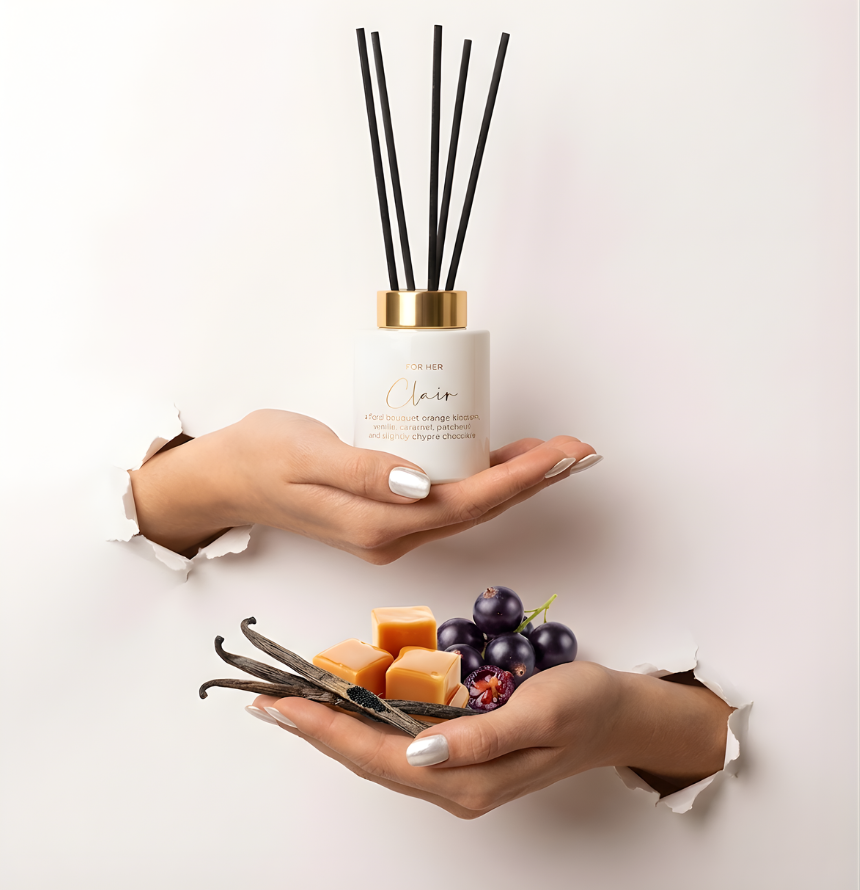 Alt-Text:Eleganter Clair Raumduft-Diffuser in cleanem Weiß mit silbernen Stäbchen im Torn-Paper-Look. Hände präsentieren den Flakon zusammen mit echten Vanilleschoten, weichen Karamell-Cubes und dunklen Johannisbeeren durch weißes, gerissenes Papier – Best Bougie luxuriöser Wohnduft.