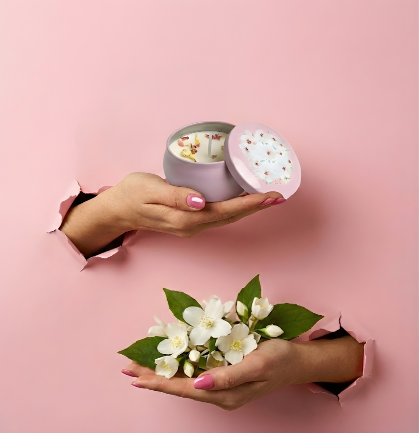 Kleine Jasmin-Duftkerze in einer mauvefarbenen Dose mit passendem Blütendeckel. Hände präsentieren die Kerze zusammen mit einem Bouquet aus frischen weißen Jasminblüten im Torn-Paper-Look durch pinkfarbenes Papier – Best Bougie floraler Premium Wohnduft.