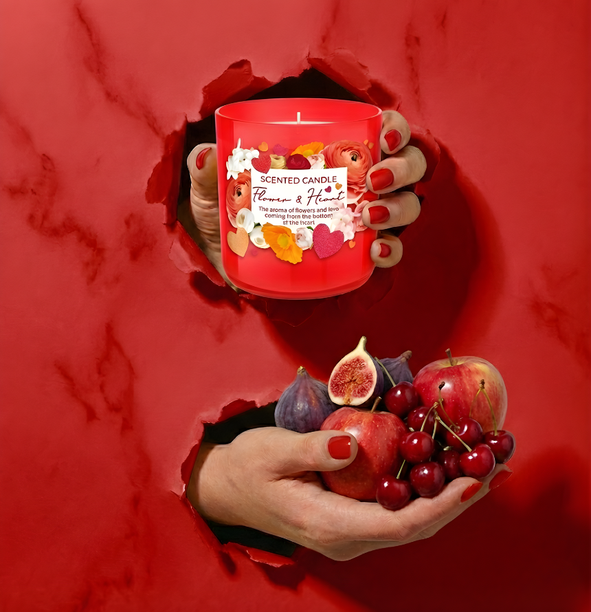 Romantische Duftkerze Flower & Heart in leuchtendem Rot im Torn-Paper-Look. Hände präsentieren die Kerze zusammen mit frischen Feigen, roten Äpfeln und Kirschen durch rotes, gerissenes Papier – Best Bougie fruchtiger Premium Raumduft.