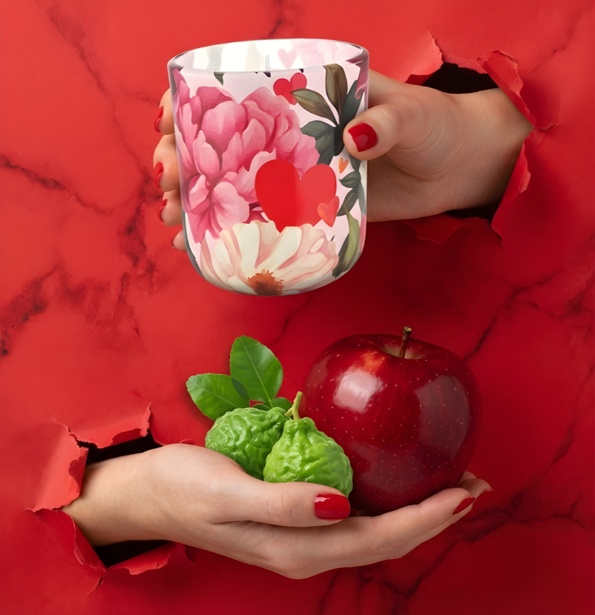 Romantische Geschenkkerze From My Heart im Torn-Paper-Look. Hände präsentieren die floral gestaltete Kerze zusammen mit einem roten Apfel und frischer Bergamotte durch leuchtend rotes, gerissenes Papier – Best Bougie Premium Duftkerze als Liebesbeweis.