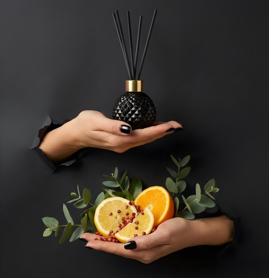 Langanhaltender Glamorous Raumduft-Diffuser in einem edlen, schwarz-glänzenden Kristall-Glasflakon mit goldenem Akzent. Hände präsentieren den Diffuser zusammen mit frischen Zitronenscheiben, Orangen und Eukalyptuszweigen sowie roten Pfefferkörnern im Torn-Paper-Look durch schwarzes Papier – Best Bougie Luxus-Wohnduft.