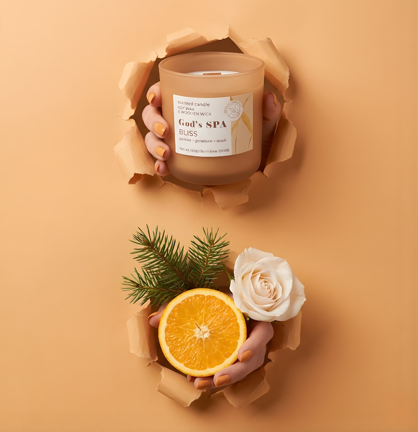 Hochwertige Duftkerze God’s SPA Bliss im Torn-Paper-Look. Hände präsentieren die Kerze zusammen mit einer frischen Orangenscheibe, einer weißen Rose und Fichtenzweigen durch pfirsichfarbenes, gerissenes Papier – Best Bougie Wellness-Raumduft.