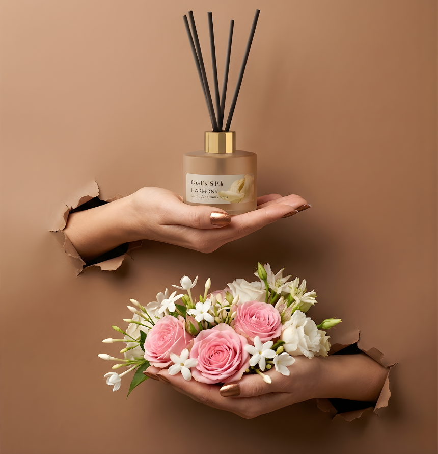 Eleganter God’s SPA Harmony Raumduft-Diffuser mit schwarzen Stäbchen im Torn-Paper-Look. Hände präsentieren den matten Glasflakon zusammen mit einem üppigen Bouquet aus rosa Rosen und weißen Jasminblüten durch braunes, gerissenes Papier – Best Bougie Premium Wohnduft.