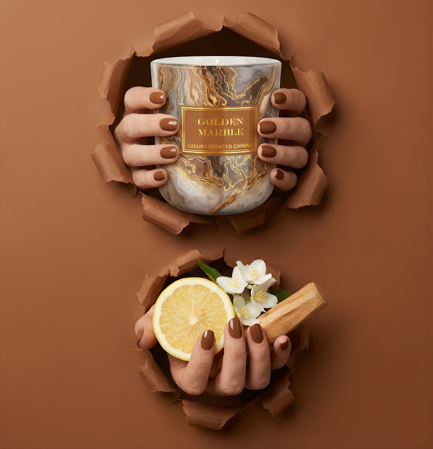 Luxuriöse Duftkerze Golden Marble im Torn-Paper-Look. Hände präsentieren die Kerze zusammen mit einer frischen Zitronenscheibe, weißen Jasminblüten und edlem Holz durch braunes, gerissenes Papier – Best Bougie Premium Dekor.
