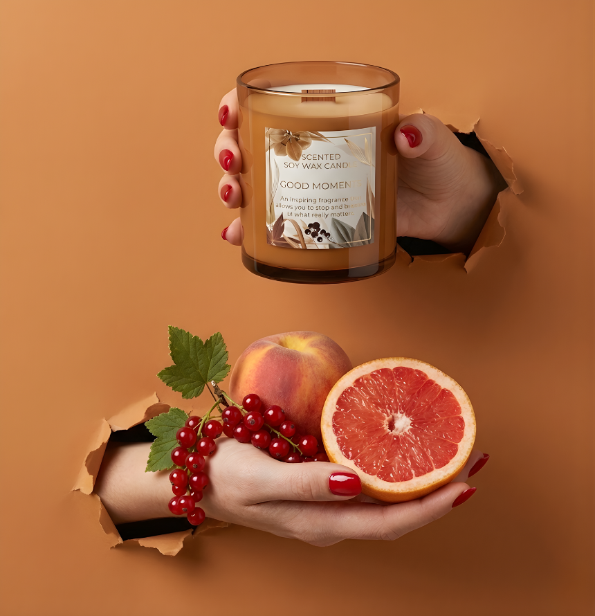 Hochwertige Sojawachs-Duftkerze Good Moments mit Holzdocht im Torn-Paper-Look. Hände präsentieren die bernsteinfarbene Kerze zusammen mit einer saftigen Grapefruit, einem Pfirsich und frischen roten Johannisbeeren durch ockerfarbenes, gerissenes Papier – Best Bougie Premium Raumduft.