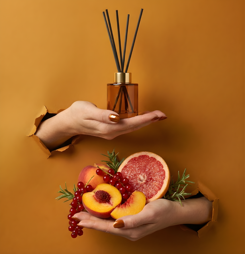 Langanhaltender Good Moments Raumduft-Diffuser in einem bernsteinfarbenen Glasflakon mit goldenem Verschluss. Hände präsentieren den Diffuser zusammen mit Pfirsichspalten, einer Grapefruit-Hälfte und roten Johannisbeeren im Torn-Paper-Look durch ockerfarbenes Papier – Best Bougie Premium Raumduft.