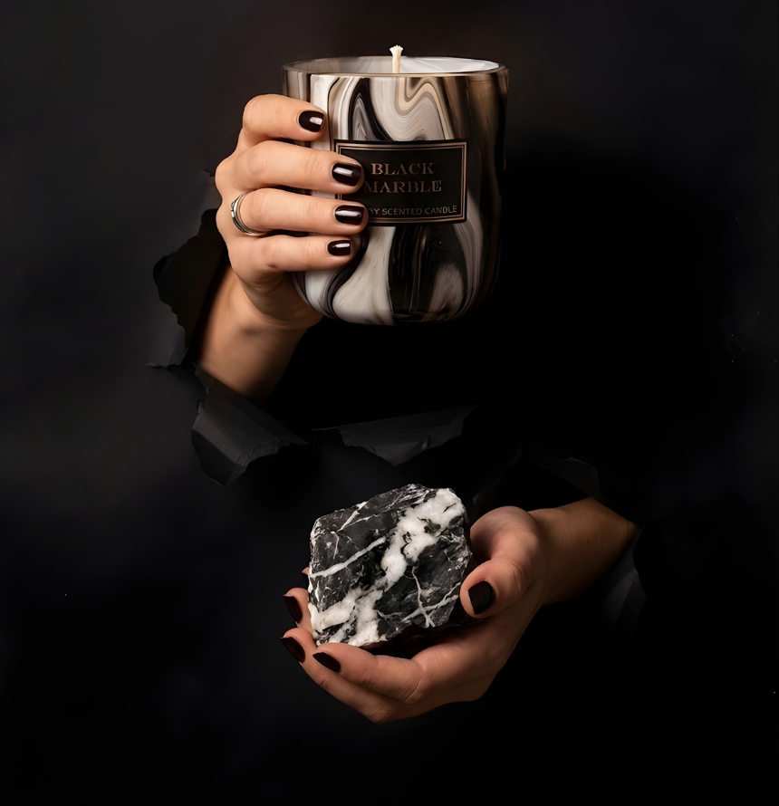 Hochwertige Duftkerze Black Marble im Torn-Paper-Look. Hände präsentieren die Kerze zusammen mit einer frischen Zitronenscheibe, Jasminblüten und dunklen Holzstücken durch schwarzes, gerissenes Papier – Best Bougie Premium Dekor.
