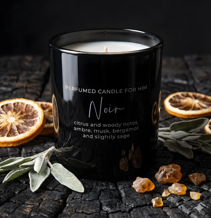 Hochwertige Duftkerze Noir arrangiert mit natürlichen Duftzutaten: getrocknete Orangenscheiben (Zitrus), frische Salbeiblätter und Ambra-Harzstücke auf verbranntem Holz – Best Bougie Duftprofil