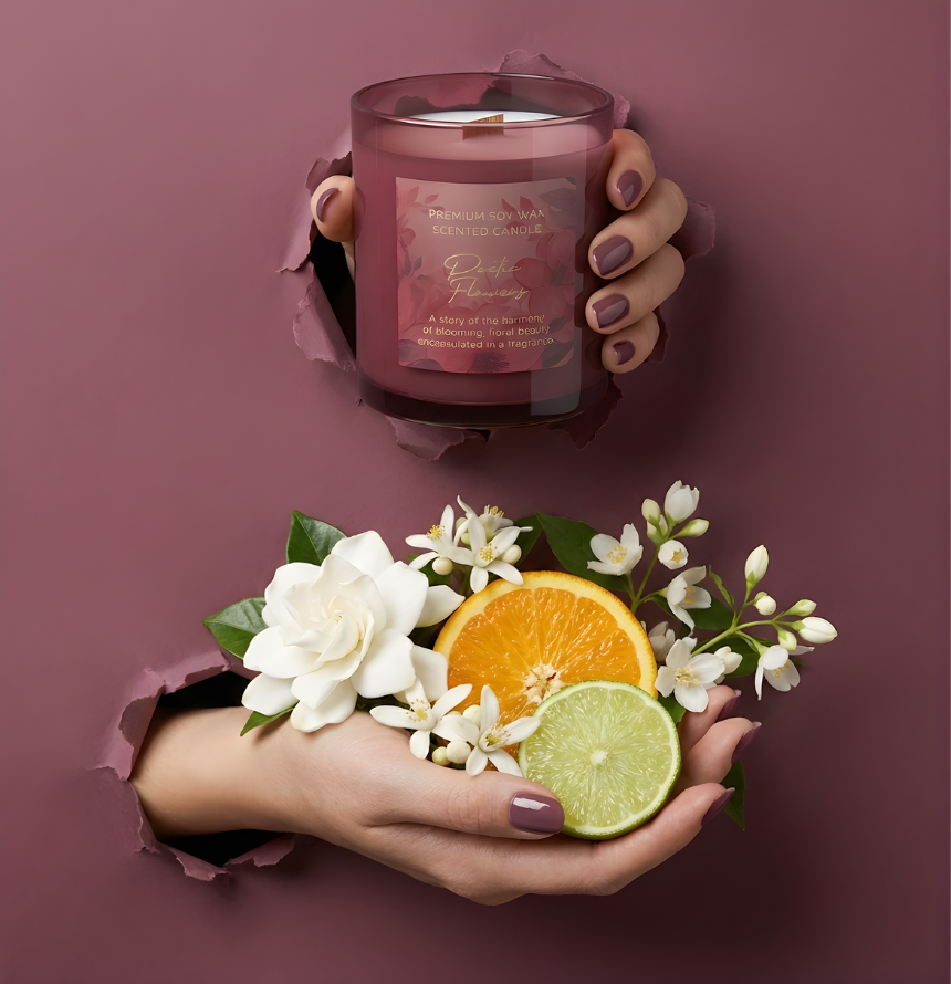 Hochwertige Sojawachs-Duftkerze Poetic Flowers mit Holzdocht im Torn-Paper-Look. Hände präsentieren die mauvefarbene Kerze zusammen mit einer weißen Gardenie, Orangen- und Limettenscheiben sowie Jasminblüten durch lilafarbenes, gerissenes Papier – Best Bougie floraler Premium Raumduft.
