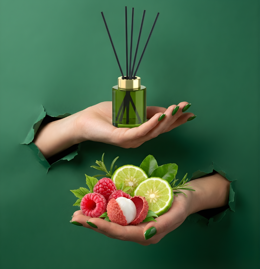 Langanhaltender Positive Vibes Raumduft-Diffuser in einem transparenten grünen Glasflakon mit goldenem Verschluss und schwarzen Stäbchen. Hände präsentieren den Diffuser zusammen mit frischen Limetten, Himbeeren und einer Lychee im Torn-Paper-Look durch grünes Papier – Best Bougie belebender Premium Wohnduft.