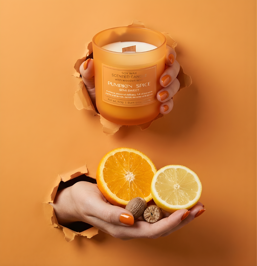 Würzige Sojawachs-Duftkerze Pumpkin Spice mit Holzdocht im Torn-Paper-Look. Hände präsentieren die orangefarbene Kerze zusammen mit einer frischen Orangenscheibe, einer halben Zitrone und ganzen Muskatnüssen durch orangefarbenes, gerissenes Papier – Best Bougie herbstlicher Premium Raumduft.