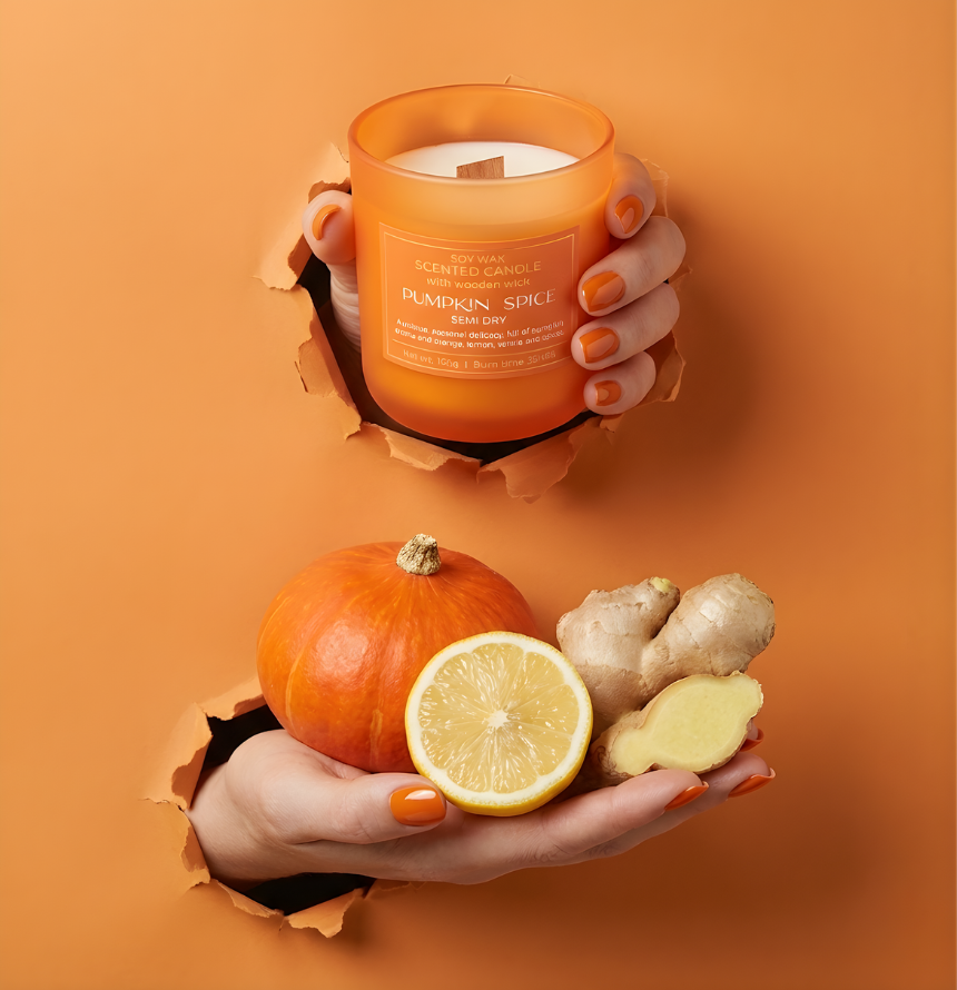 Würzige Sojawachs-Duftkerze Pumpkin Spice Semi Dry mit Holzdocht im Torn-Paper-Look. Hände präsentieren die orangefarbene Kerze zusammen mit einem kleinen Kürbis, einer frischen Zitronenscheibe und Ingwer-Wurzeln durch orangefarbenes, gerissenes Papier – Best Bougie herbstlicher Premium Raumduft.