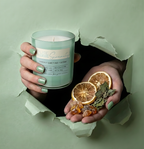 Kreative Präsentation der frischen Duftkerze Pure Pleasure Serenity. Hände ragen durch hellgrünes, gerissenes Papier und zeigen die Kerze zusammen mit getrockneten Zitronenscheiben, Patchouli-Blättern und Ambra-Harz – Best Bougie hochwertiger Raumduft