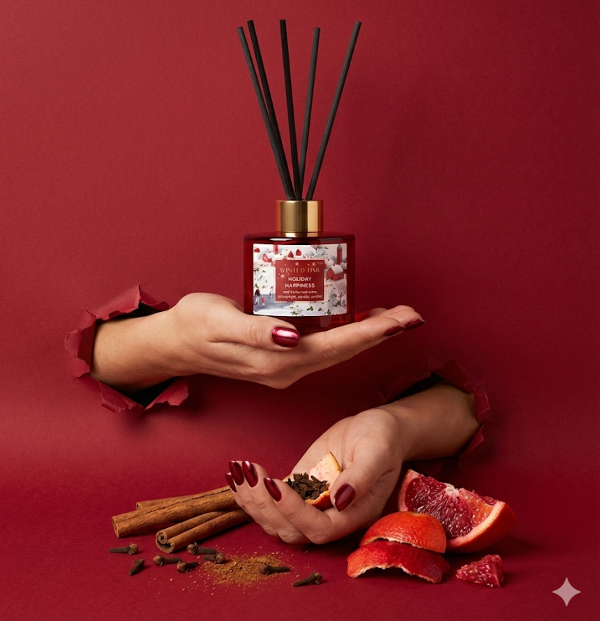 Festlicher Holiday Happiness Raumduft-Diffuser in tiefrotem Glas mit schwarzen Stäbchen im Torn-Paper-Look. Hände präsentieren den Flakon zusammen mit Zimtstangen, Gewürznelken und frischen Blutorangenscheiben durch dunkelrotes, gerissenes Papier – Best Bougie winterlicher Wohnduft.