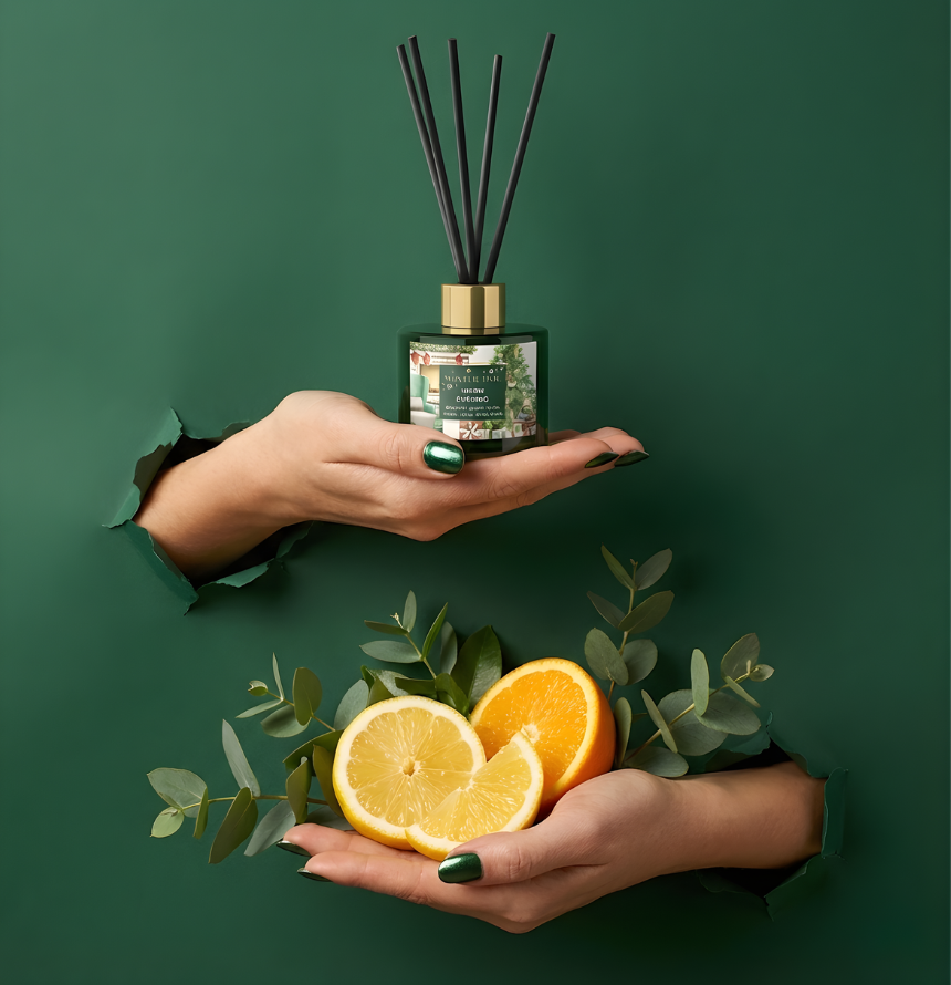 Festlicher Winter Wonderland Raumduft-Diffuser in dunkelgrünem Glas mit goldenem Verschluss und schwarzen Stäbchen im Torn-Paper-Look. Hände präsentieren den Flakon zusammen mit frischen Orangenscheiben, Zitronen und Eukalyptuszweigen durch dunkelgrünes, gerissenes Papier – Best Bougie winterlicher Premium Raumduft.