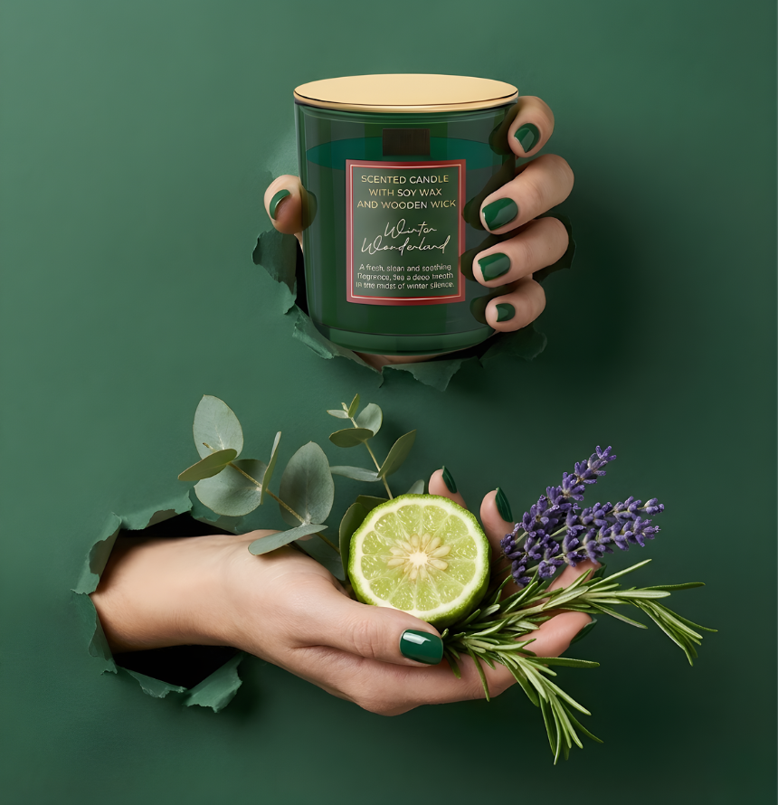 Hochwertige Winter Wonderland Duftkerze mit Sojawachs und Holzdocht im Torn-Paper-Look. Hände präsentieren die dunkelgrüne Kerze mit Golddeckel zusammen mit einer Bergamotte, Eukalyptuszweigen, Lavendel und Rosmarin durch dunkelgrünes, gerissenes Papier – Best Bougie winterlicher Premium Raumduft.