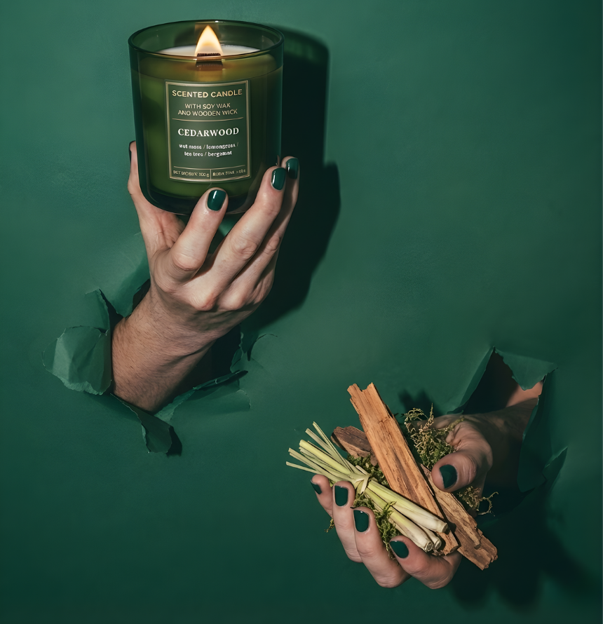 Kreative Inszenierung der hochwertigen Duftkerze Cedarwood mit Sojawachs und Holzdocht. Hände ragen durch einen grünen Papierhintergrund und präsentieren die Kerze sowie natürliche Zutaten wie Zedernholz und Lemongrass – Best Bougie Premium Raumduft