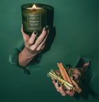 Kreative Inszenierung der hochwertigen Duftkerze Cedarwood mit Sojawachs und Holzdocht. Hände ragen durch einen grünen Papierhintergrund und präsentieren die Kerze sowie natürliche Zutaten wie Zedernholz und Lemongrass – Best Bougie Premium Raumduft